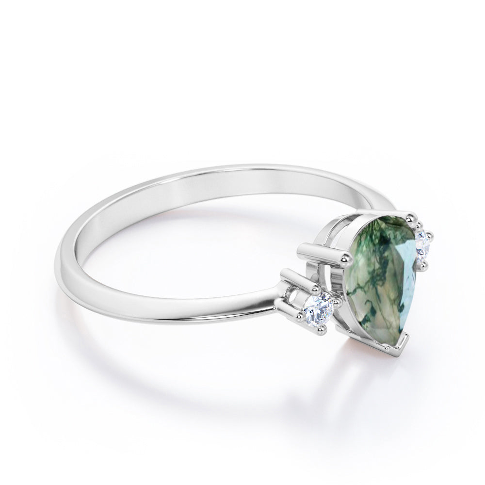 Vintage trinity 1.1 carat Pear cut Moss Green Agate and diamond pinched shank engagement ring in Rose gold