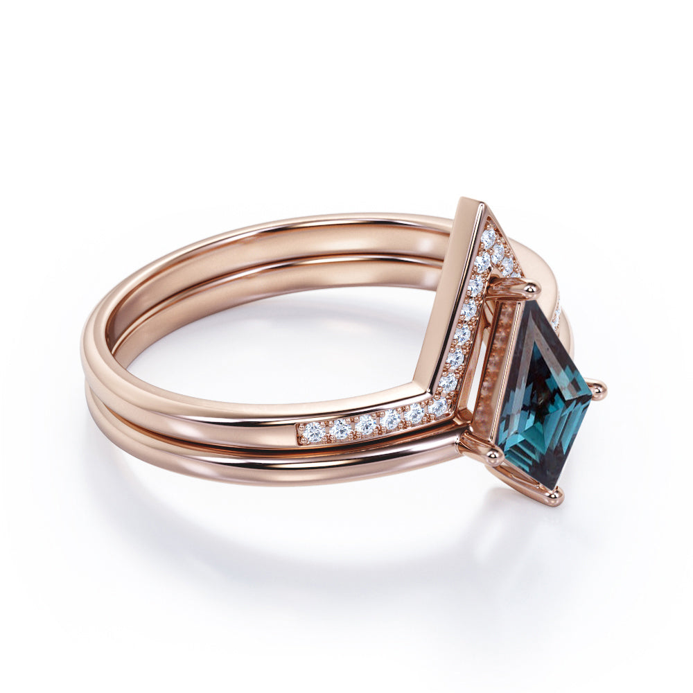 Solitaire Prong 1.25 carat Kite shaped Lab created Alexandrite and diamond contoured wedding ring set in White gold