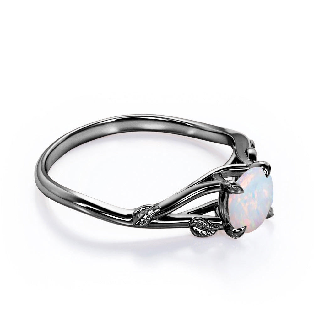Nature inspired 1 carat Round cut Australian Opal dainty twig and vine engagement ring in White gold