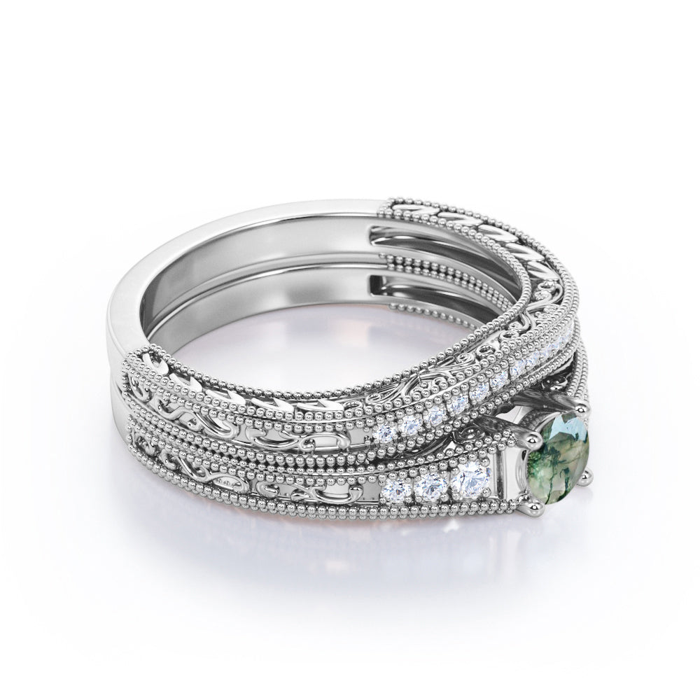 0.75 carat Round cut Moss Green Agate and diamond contoured filigree and milgrain Bridal ring set in Rose gold