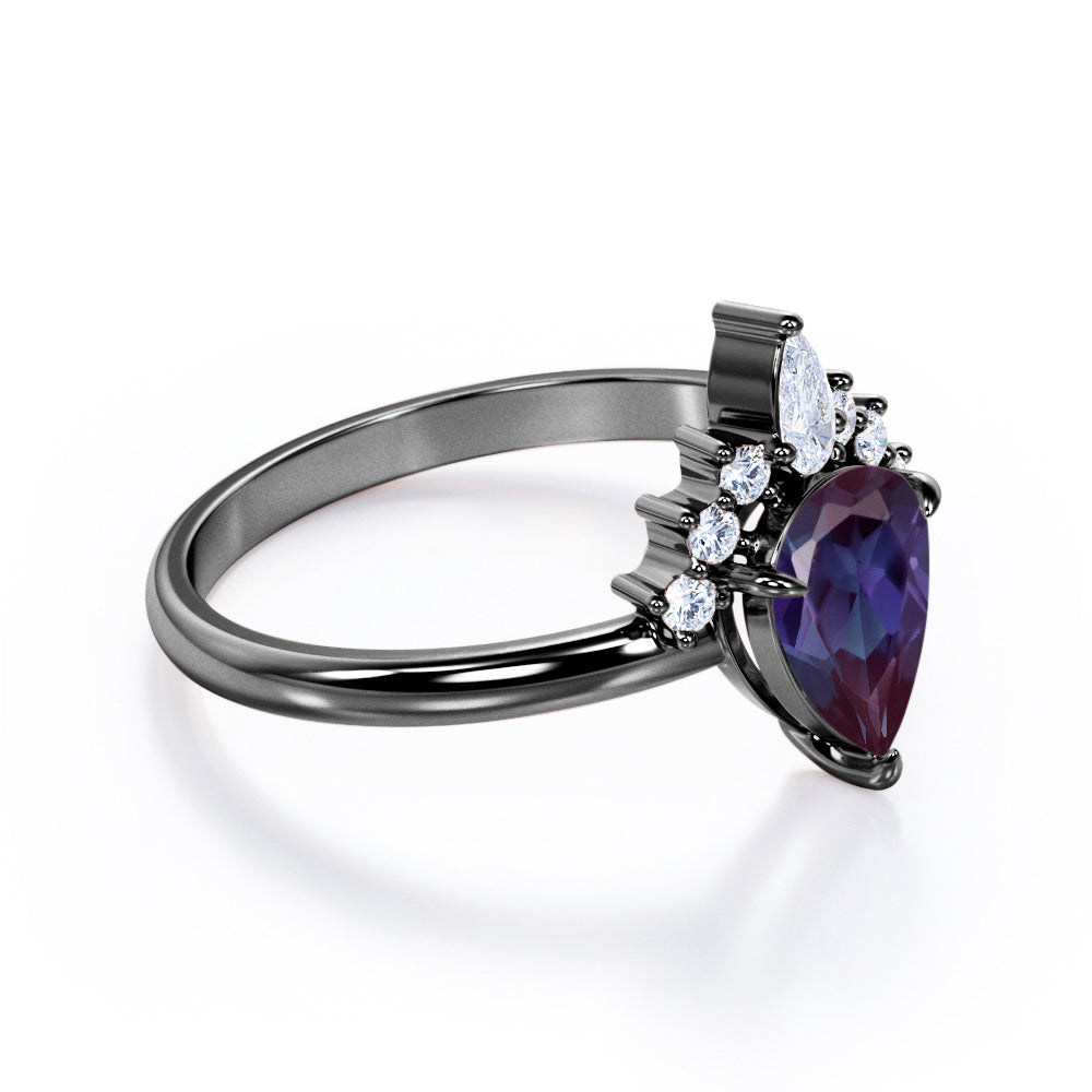Elegant tiara 1.15 carat Pear shaped Lab made Alexandrite and diamond 3 prong engagement ring in White gold