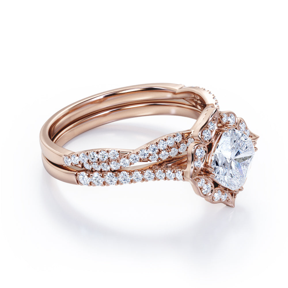 Cluster halo 1.6 carat Cushion cut moissanite and diamond pave wedding ring set in Whit gold