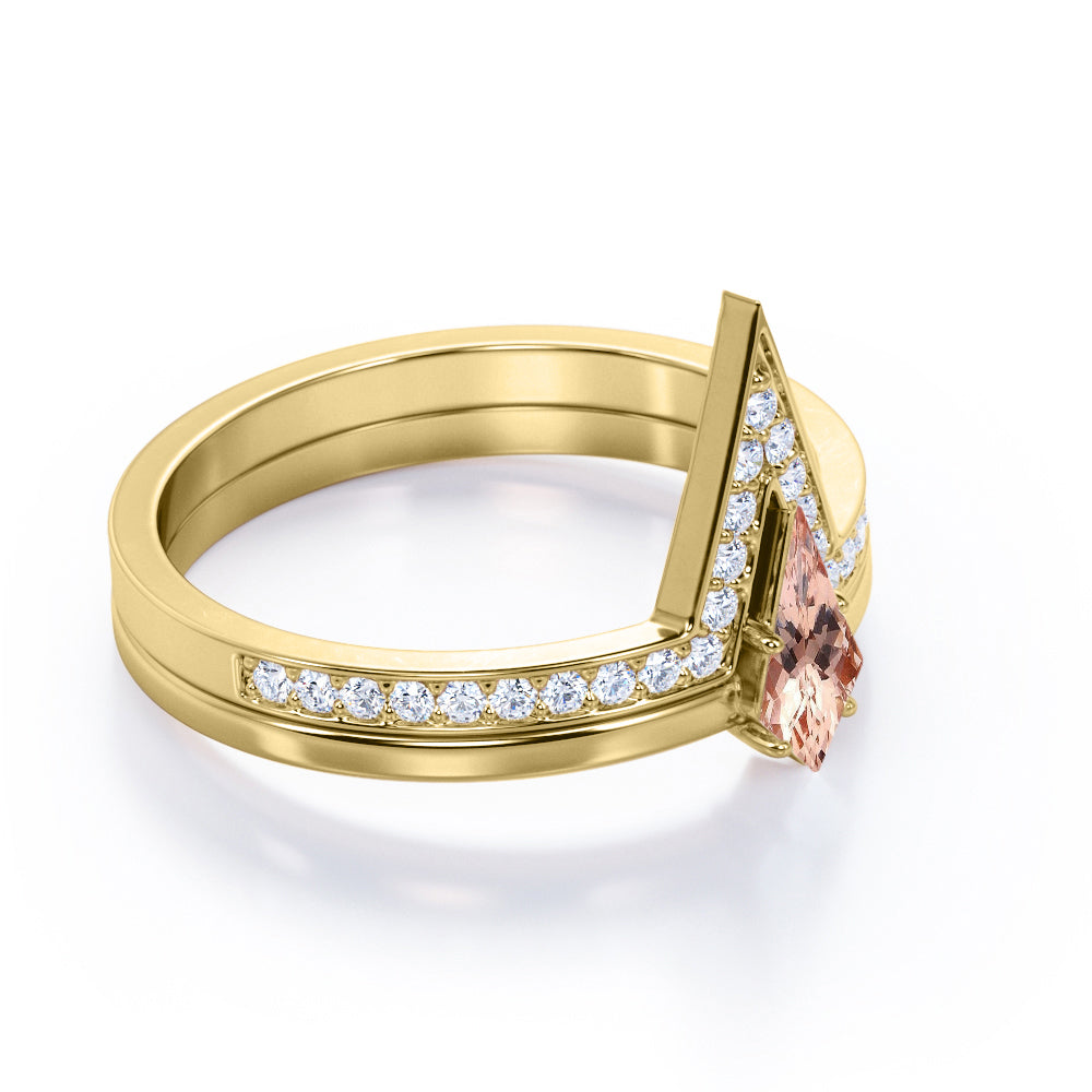 Modern Solitaire 1.25 carat Kite shaped Pink Morganite and diamond 4 prong wedding ring set in White gold