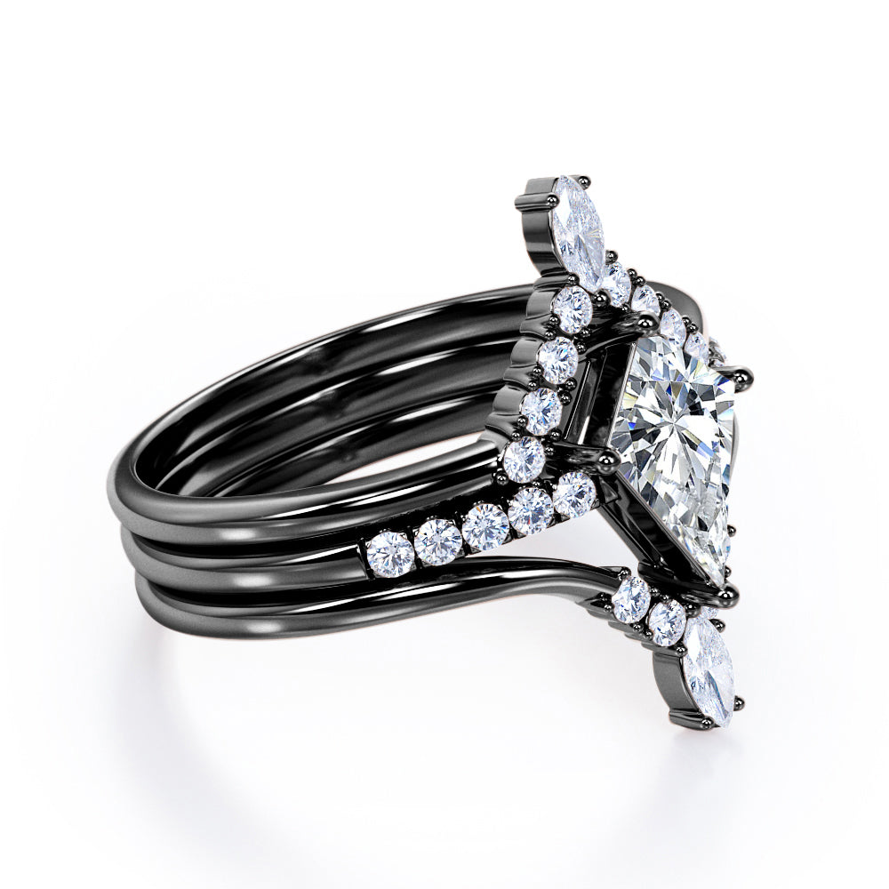 Royal Chevron 1.3 carat Kite shaped Moissanite and diamond trio wedding ring set for women in Black gold