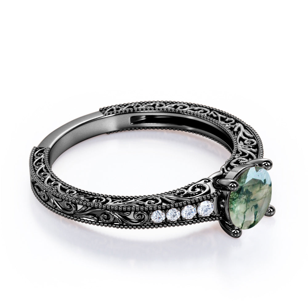 Aesthetic Victorian Scrollwork 1.25 carat Round cut Moss Green Agate and diamond engagement ring in White gold