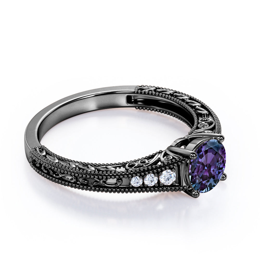 Antique art nouveau 1.1 carat Round cut Synthetic Alexandrite and diamond engagement ring in Rose gold