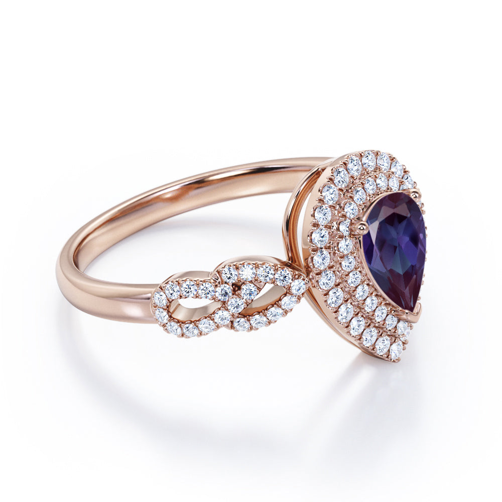 Floral leaf inspired 1.75 carat Pear cut Lab created Alexandrite and diamond double halo engagement ring in White gold