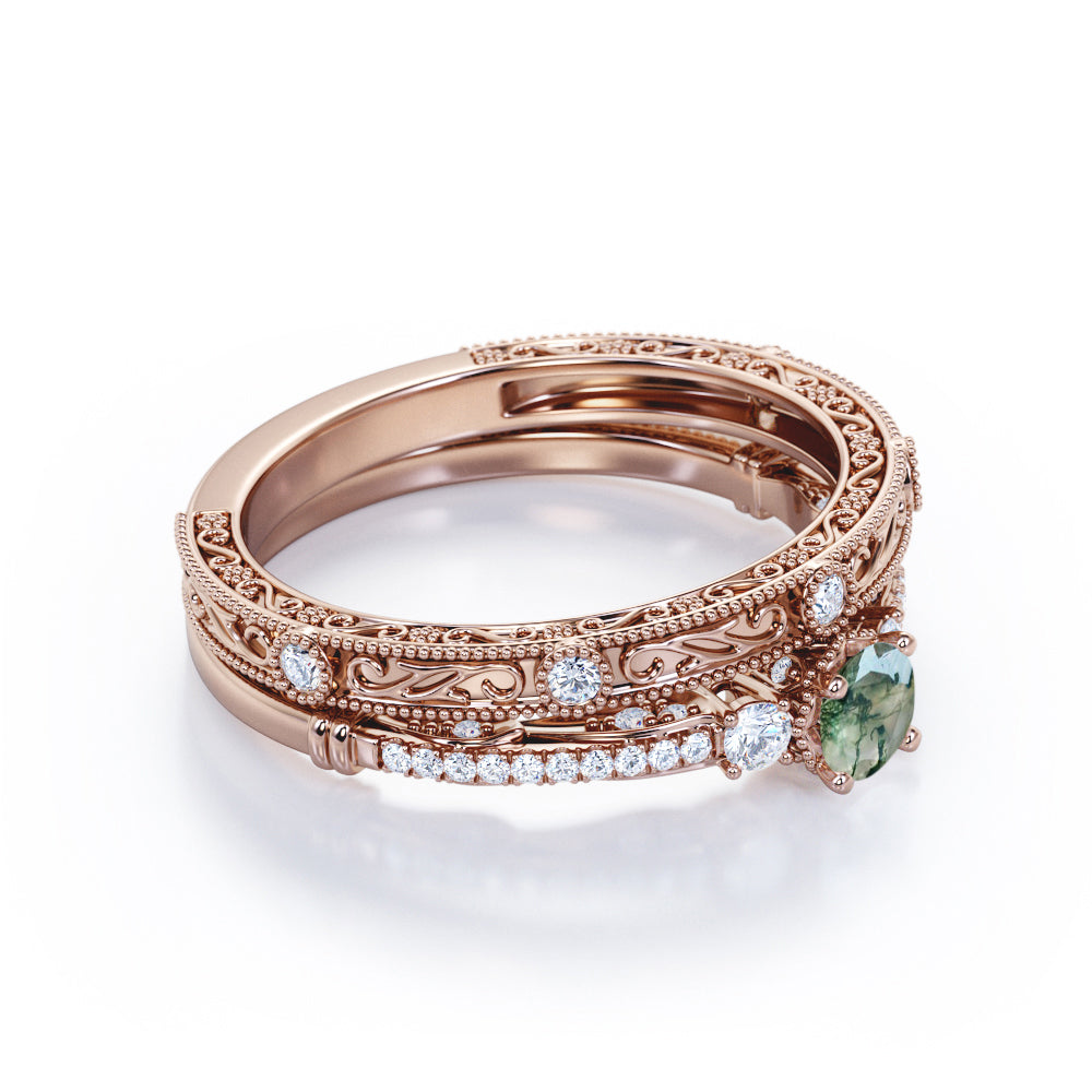 Trinity 0.8 carat Round cut Moss Green Agate artistic art deco filigree wedding ring set in White gold