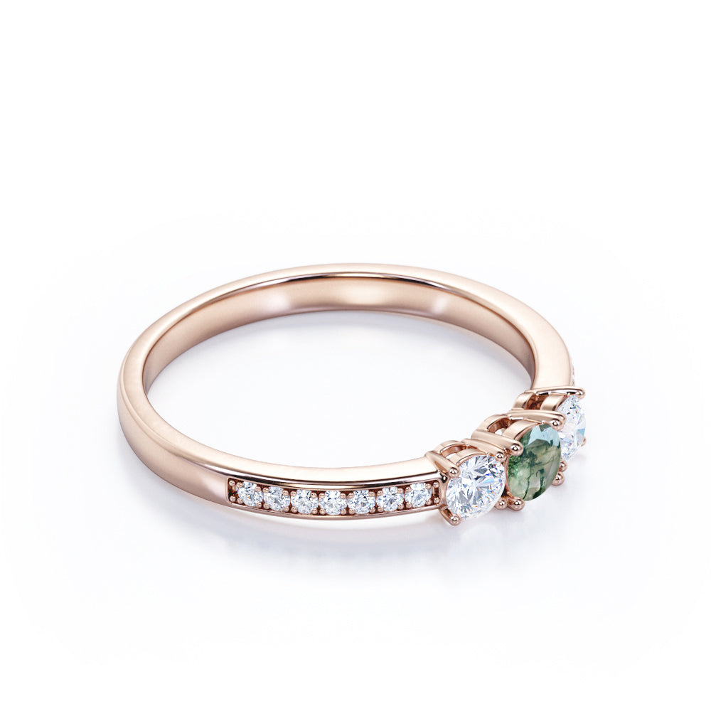 Elegant triple stone 0.8 carat Round cut Moss Green Agate and diamond channel setting engagement ring in White gold