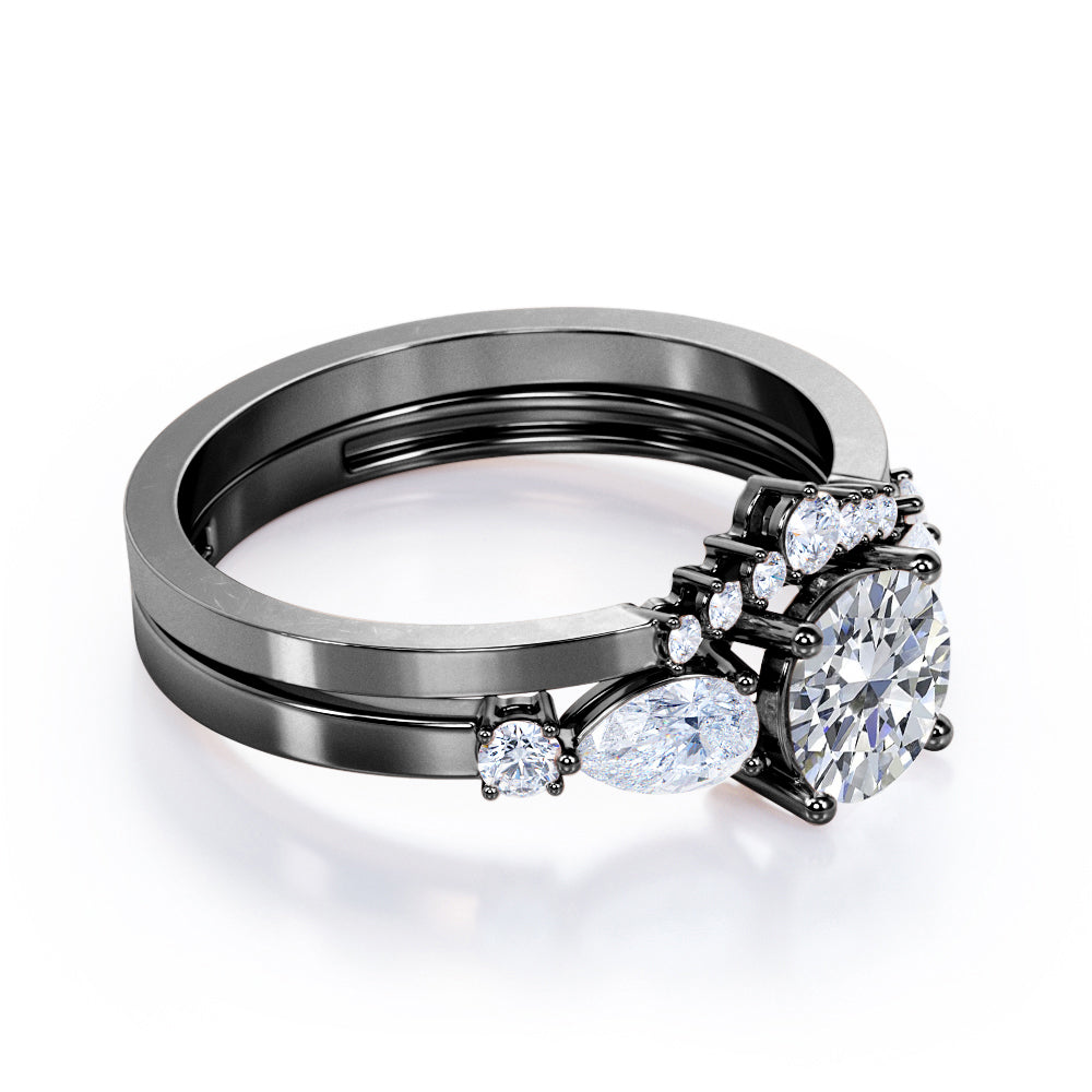 Vintage Tiara inspired 1.2 carat Round cut Moissanite and diamond wedding ring set in white gold