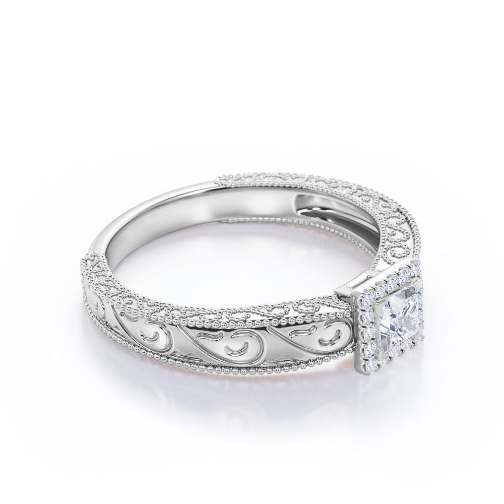 Square halo 0.7 carat Princess cut Moissanite and diamond wide shank engagement ring in Rose gold