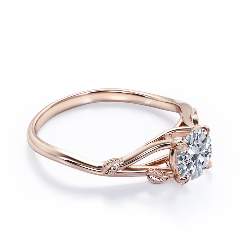 Modern Nature inspired 1 carat Round cut Moissanite solitaire engagement ring in Black gold