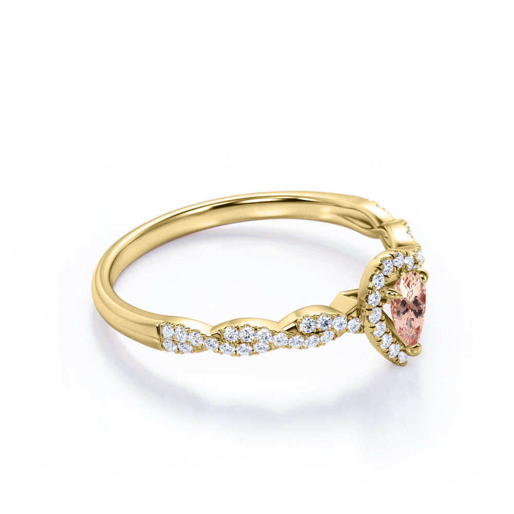 Twisted halo 1 carat Pear cut Morganite and diamond infinity engagement ring in Rose gold