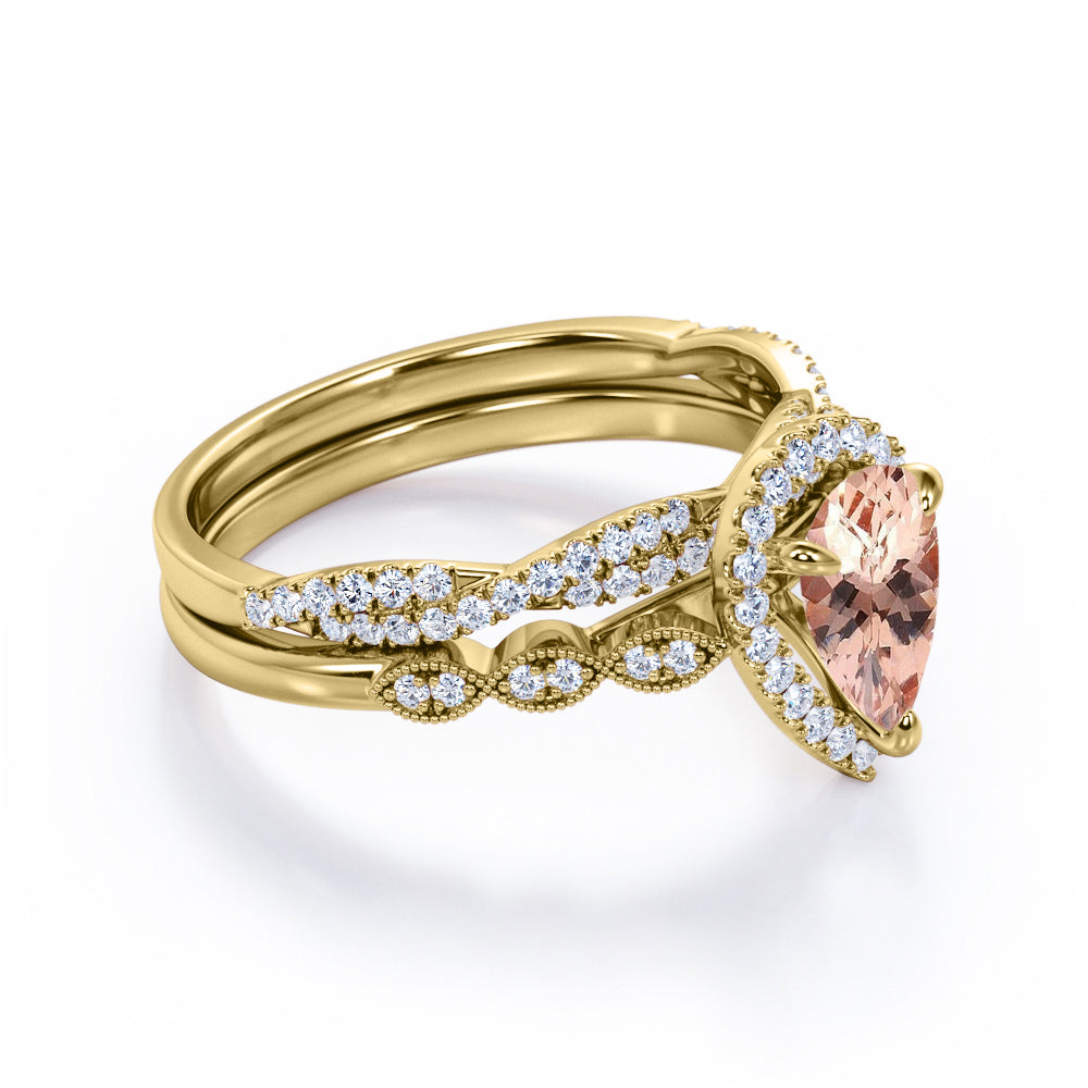 Pear Halo 1.75 carat Tear drop Morganite and diamond Milgrain and infinity wedding ring set for her
