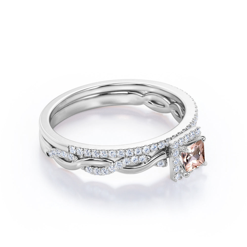 Unique Snake Twists 1 carat Princess cut Natural Morganite and diamond pave setting wedding ring set for women in Rose gold