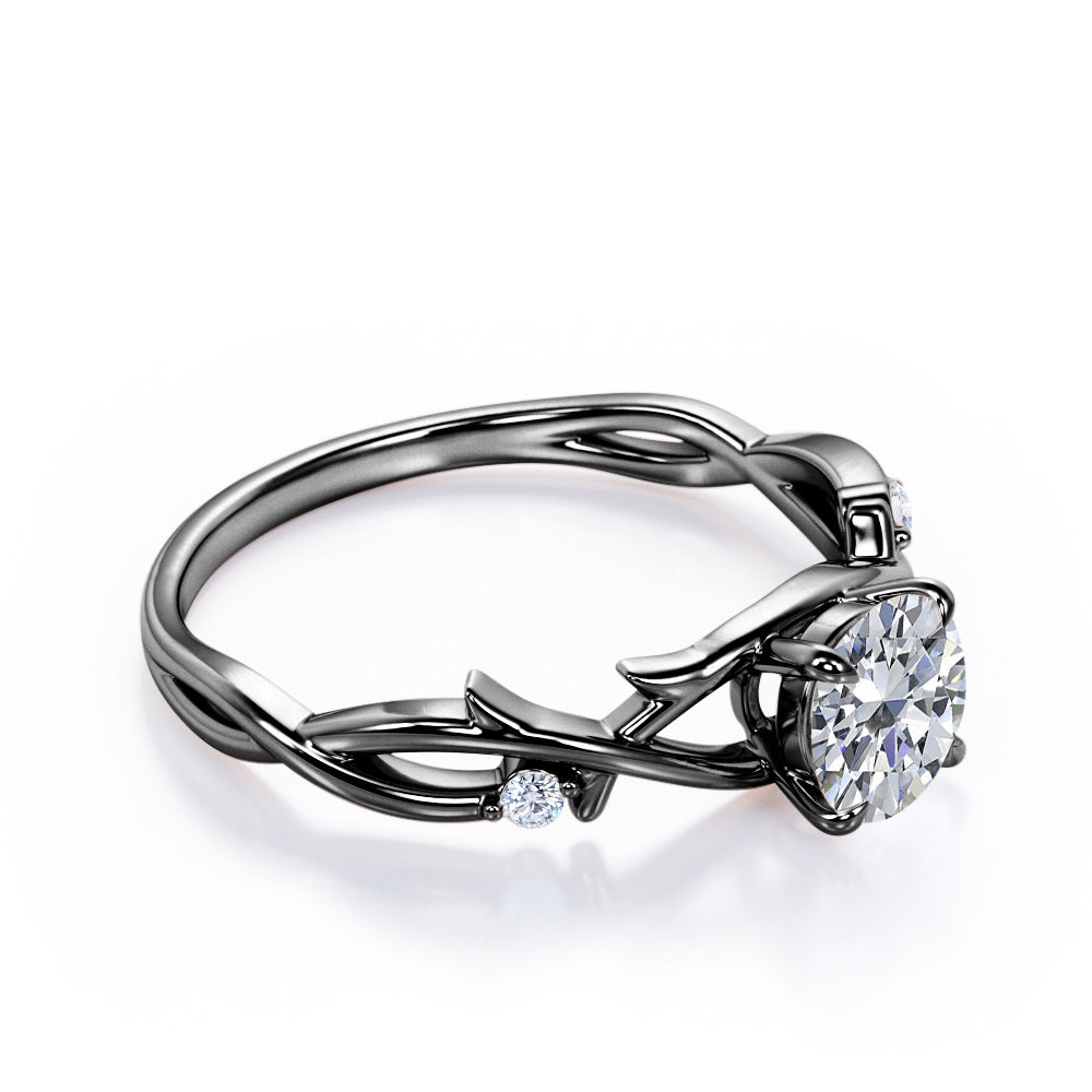 Branch leaf inspired 1 carat Round cut Moissanite and diamond solitaire engagement ring in rose gold