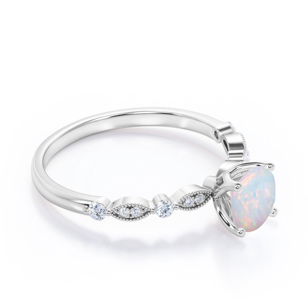 Classic Cathedral set 1.1 carat Round cut Opal and diamond milgrain marquise and dot engagement ring in Rose gold