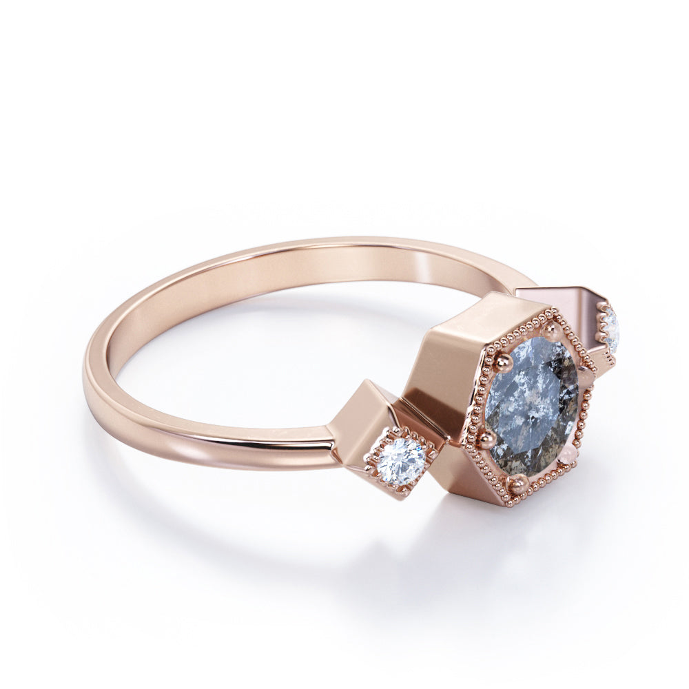 Trio Bezel 0.6 carat Round cut Salt and pepper diamond and White diamond milgrain halo engagement ring in yellow gold
