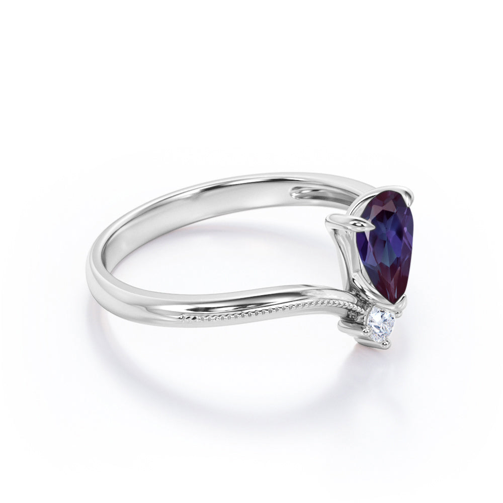 2 stone 1 carat teardrop Synthetic Alexandrite and diamond Milgrain border Wedding ring set for her