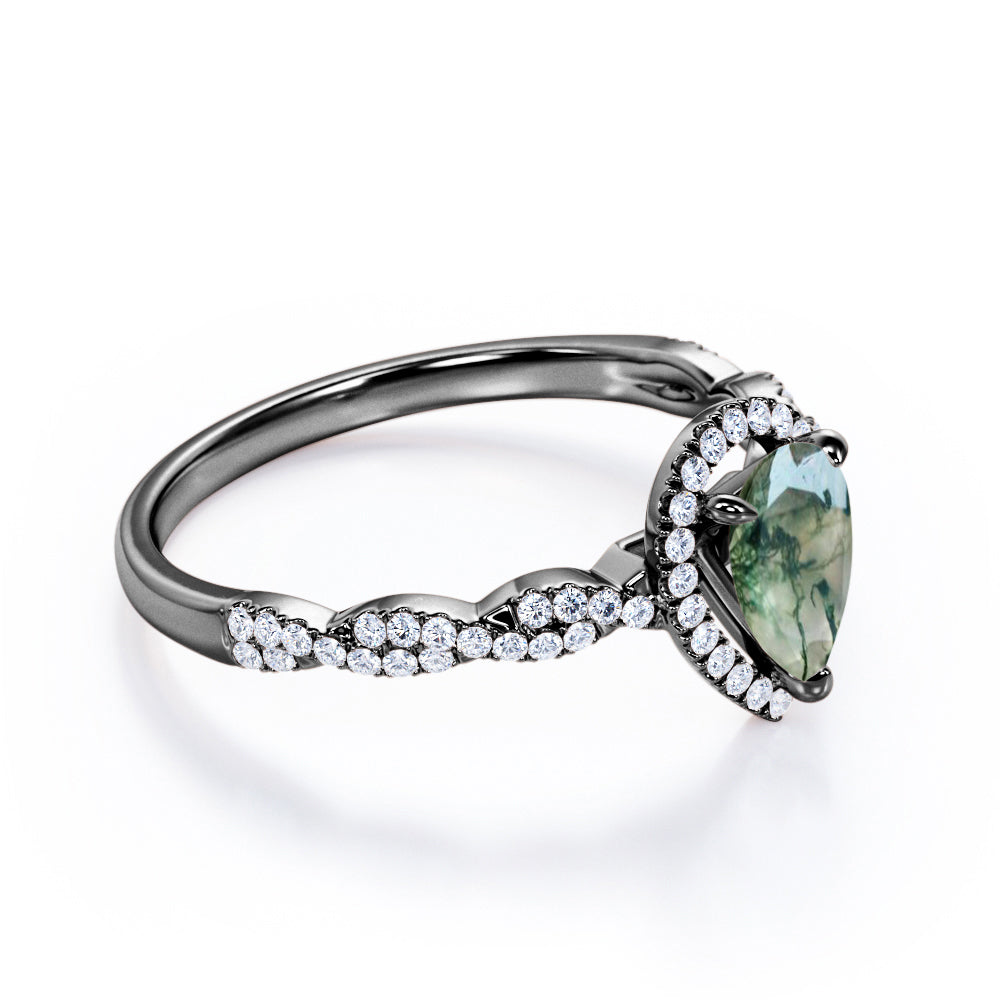 Stylish twisted style 1.5 carat Pear cut Moss Green Agate and diamond infinity halo engagement ring in Rose gold