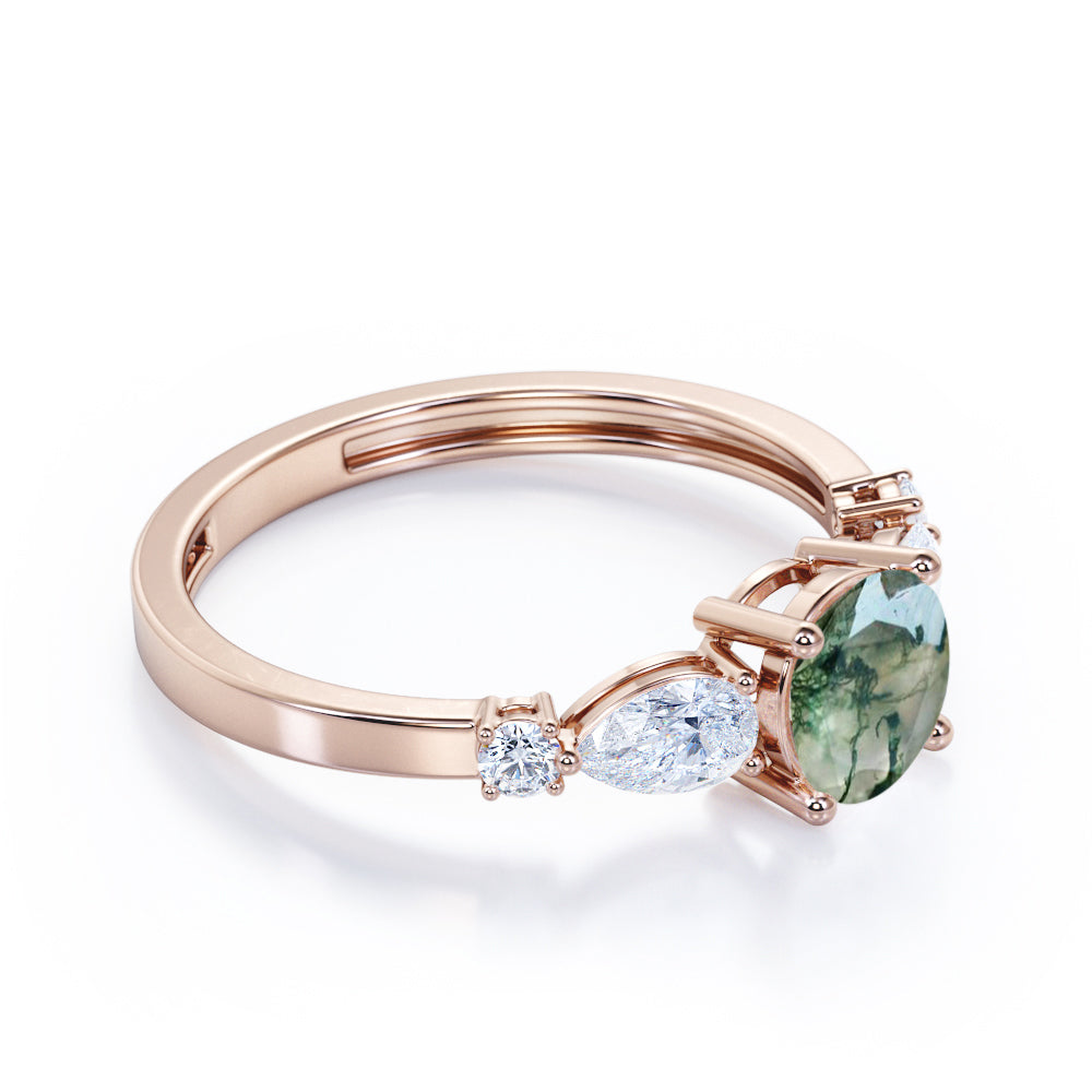 Vintage Five stones 1.2 carat Round cut Moss Green Agate and diamond 4 prong engagement ring in White gold