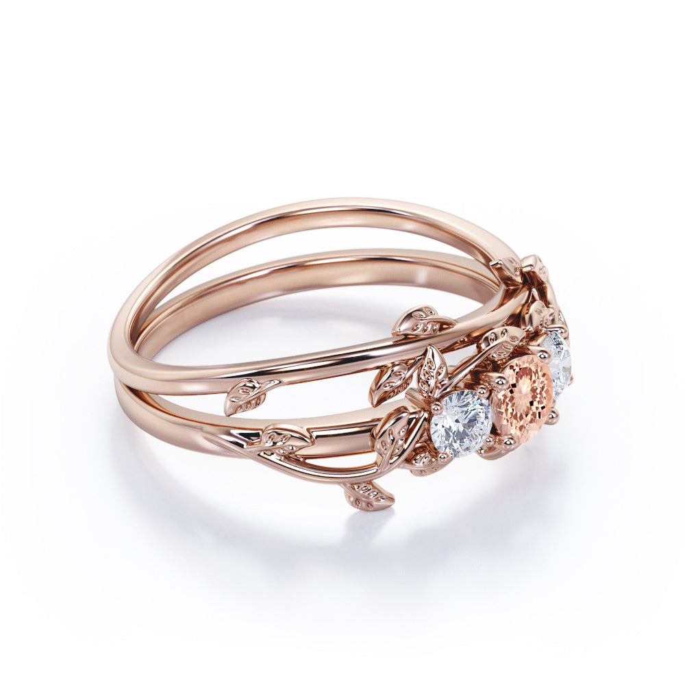 Antique Nature inspired 1.1 carat Round cut Pink Morganite and 2 stone diamond vine wedding ring set in White gold