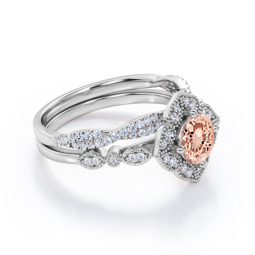 Half-infinity 1.50 carat Round cut Morganite and diamond blossom engagement ring and wedding band set for women