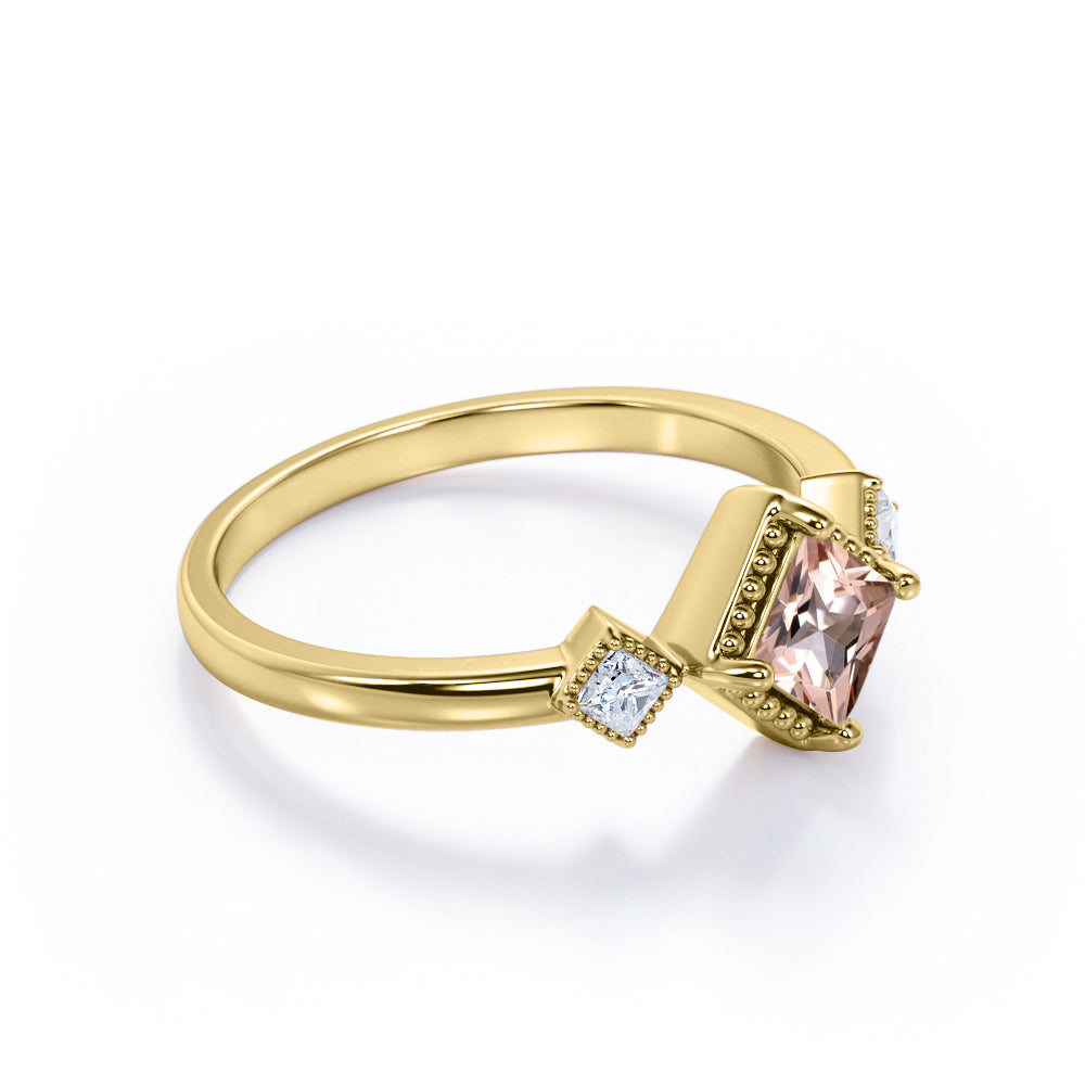 Vintage style 1.1 carat Princess cut Peach Morganite and diamond three stone Milgrain ring for women- Engagement ring in White gold