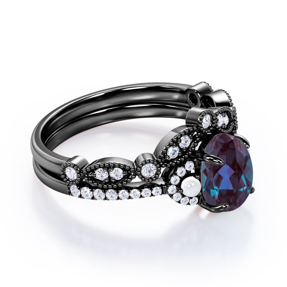Vintage Milgrain 1.75 carat Oval cut Lab created Alexandrite, diamond and freshwater pearl wedding ring set in Rose gold