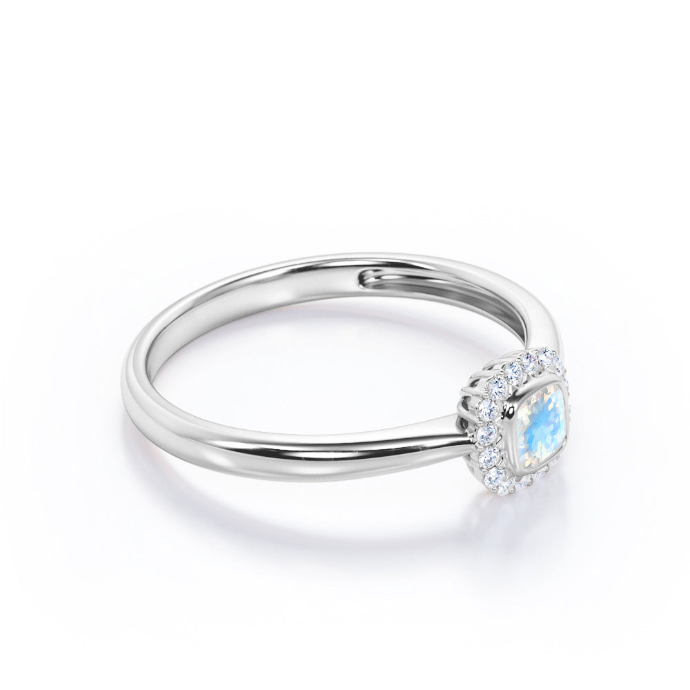 Tapered halo Cushion Cut 0.75 carat Moonstone and diamond engagement ring in Rose gold