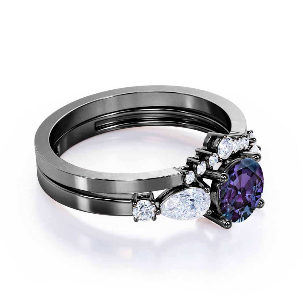 Modern Chevron 0.75 carat Round cut Lab created Alexandrite and diamond crown inspired wedding ring set in White gold