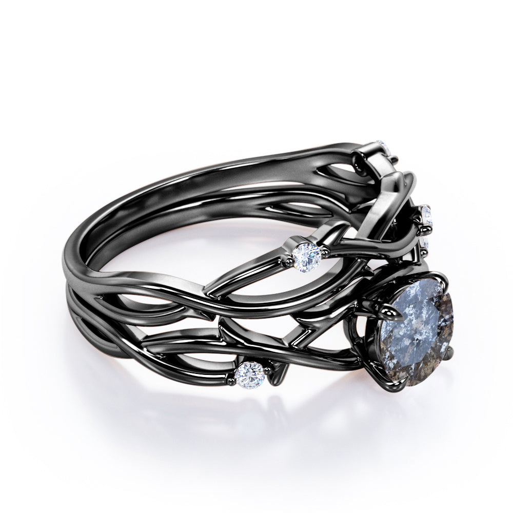 Artistic Vine 0.6 carat Round cut Salt and pepper diamond and White diamond twisted branch wedding ring set in White gold
