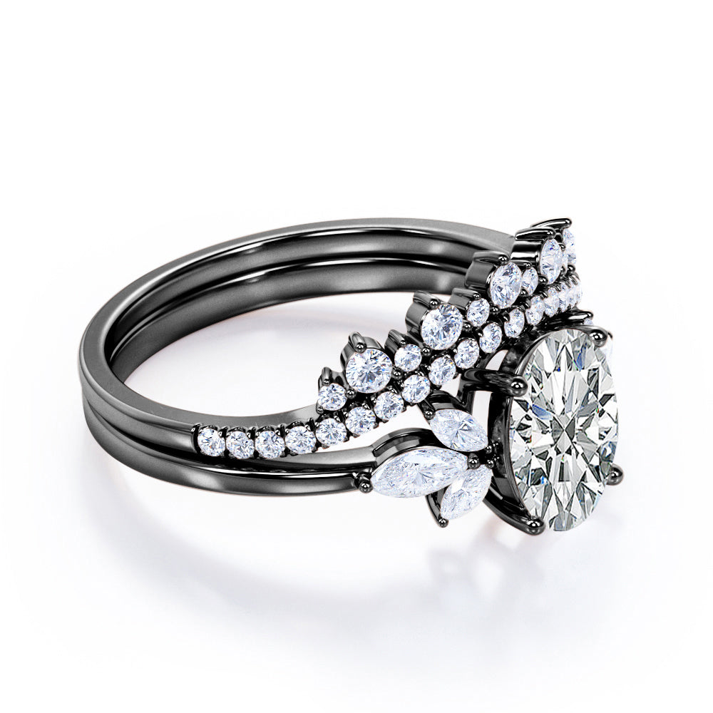 Vintage Sparkle 1.4 carat Oval cut Moissanite and diamonds chevron Bridal set for her in White gold