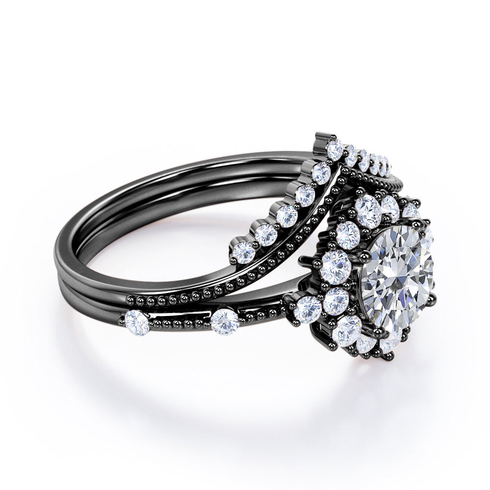 Milgrain Chevron 1.3 carat Round cut Moissanite and diamond art deco inspired wedding ring set for her in Black gold