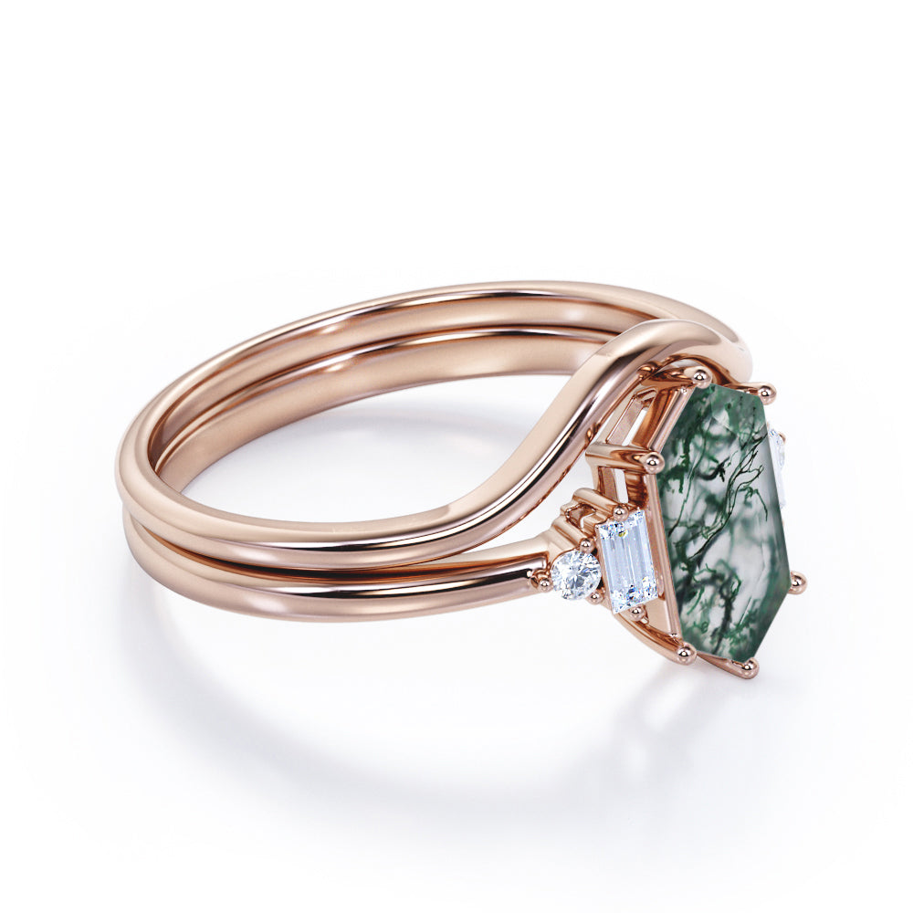 Plain Chevron Band 1.1 carat Hexagon shaped Moss Green Agate and diamond 5 stone Bridal ring set in White gold