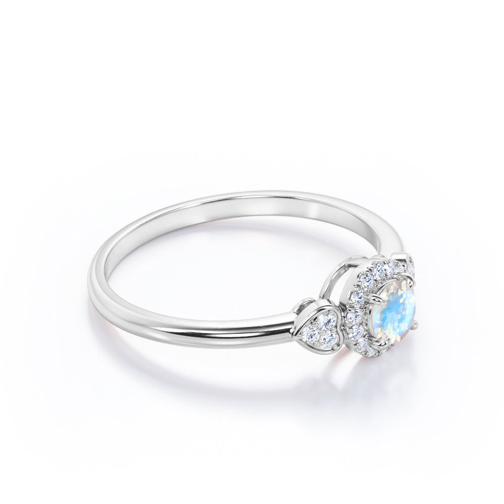 Triple stone 1.25 carat Round cut Rainbow Moonstone and diamond vintage double heart sweetheart ring in Rose gold-Engagement ring