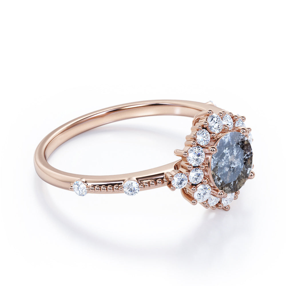 Floral Cluster 0.85 carat Round cut Salt and pepper diamond and White diamond beaded engagement ring in White gold