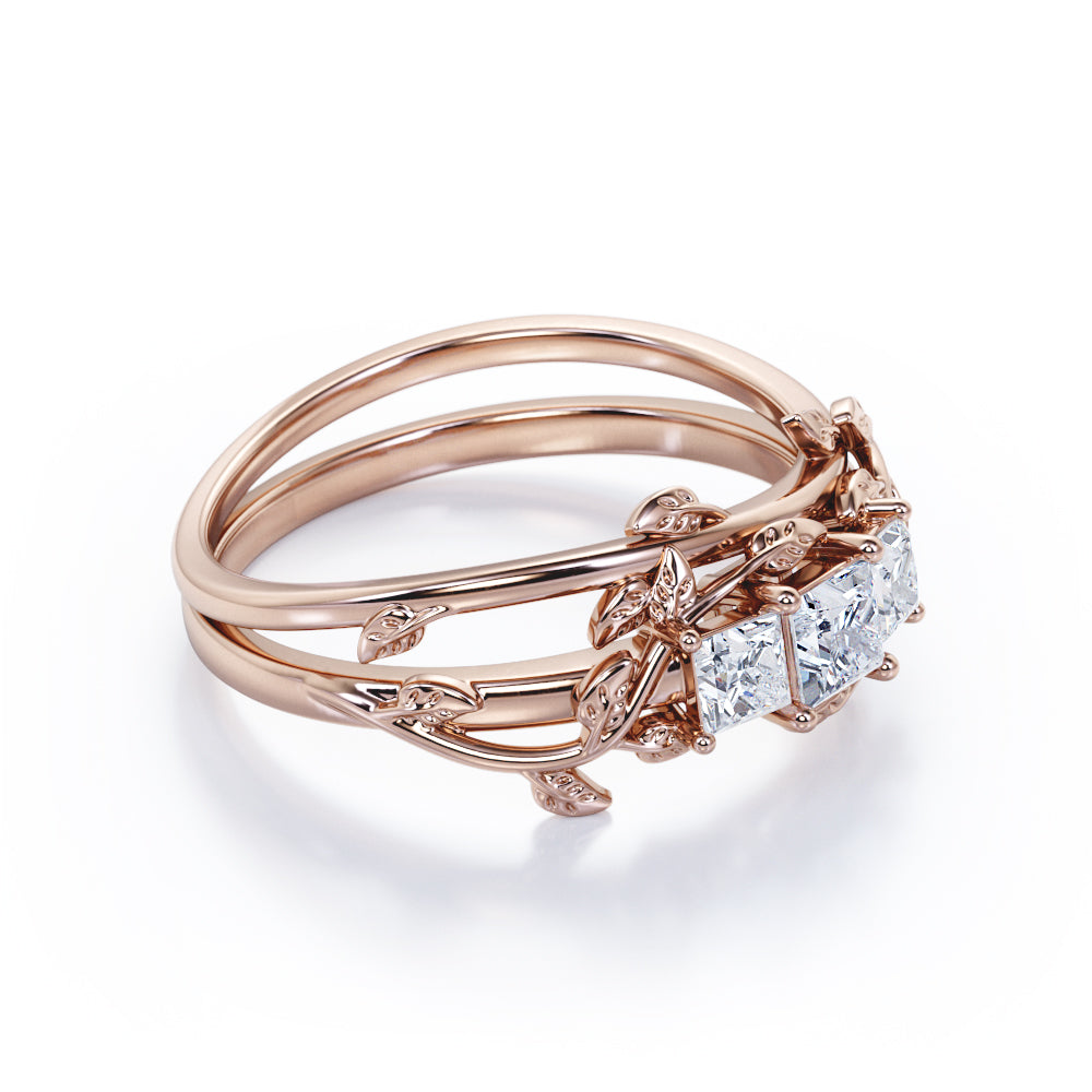Triple stone 1.1 carat Princess cut Moissanite nature themed wedding rings for women in gold- Bridal ring set