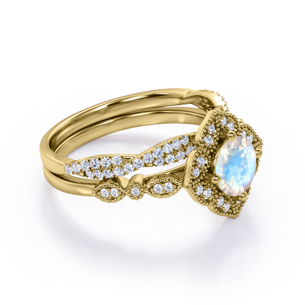 Vintage Flower inspired 1.75 carat Milgrain border Moonstone and half-infinity wedding ring set for her