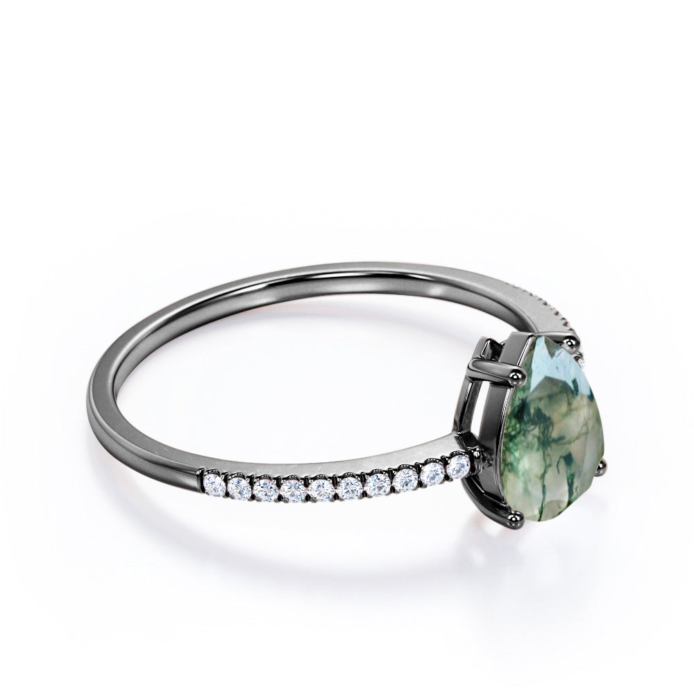 Simple Basket set 1.25 carat Pear shaped Moss Green Agate and diamond engagement ring in White gold