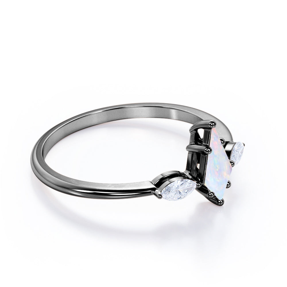 Unique Trillion 1.1 carat Kite cut Ethiopian Opal and marquise diamond-vintage inspired-pinched shank engagement ring in White gold
