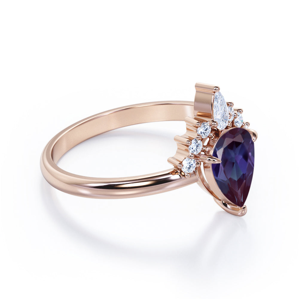 Elegant tiara 1.15 carat Pear shaped Lab made Alexandrite and diamond 3 prong engagement ring in White gold