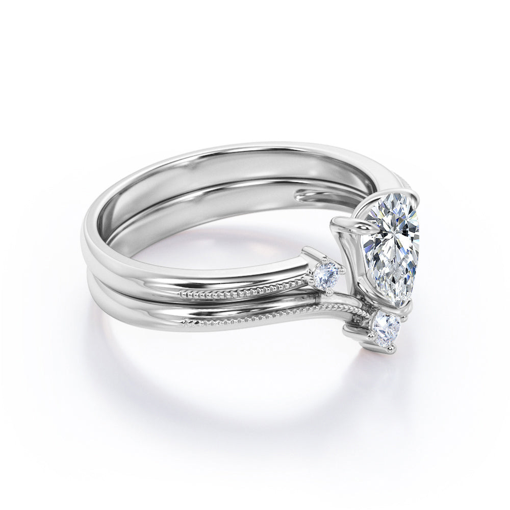 Unique 4 stone 1.1 carat pear cut moissanite and diamond-open ring- milgrain wedding ring set for her