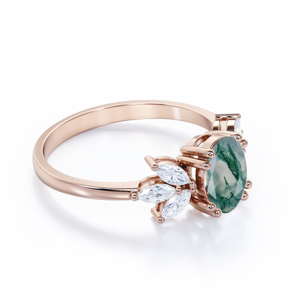 Double prong style 1.15 carat Oval cut Moss Green Agate and diamond seven stone engagement ring in yellow gold