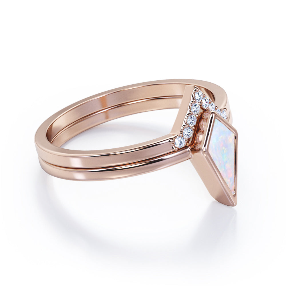 Bezel Crown 1.10 carat Kite Cut Opal and pave diamonds vintage tapered shank engagement ring in Rose gold
