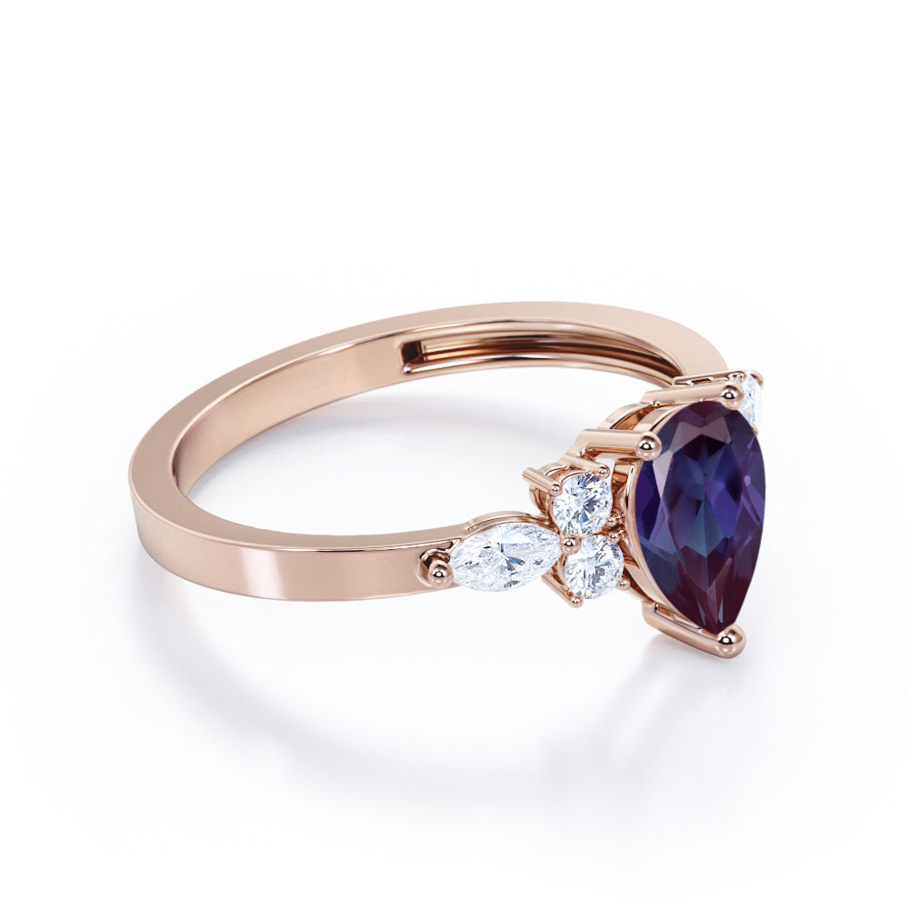 Modern Seven stones 1.15 carat Pear cut Lab created Alexandrite and diamond marquise and dot engagement ring in White gold