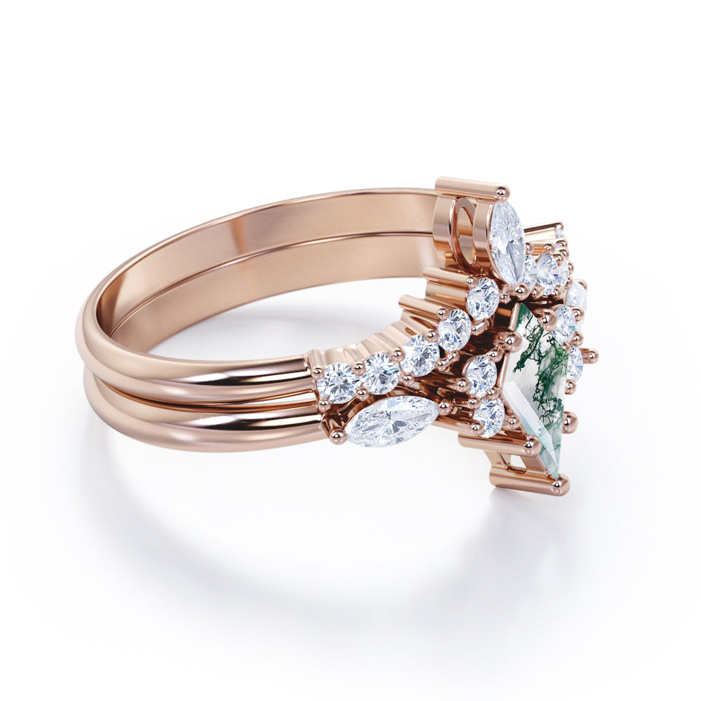 1.3 carat Kite Shaped Moss Green Agate and diamond chevron wedding ring set in White gold
