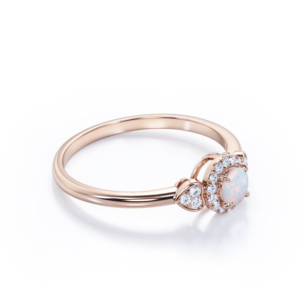 Romantic 0.75 carat Round cut Fire opal and diamond 3 stone halo engagement ring for women-Heart ring