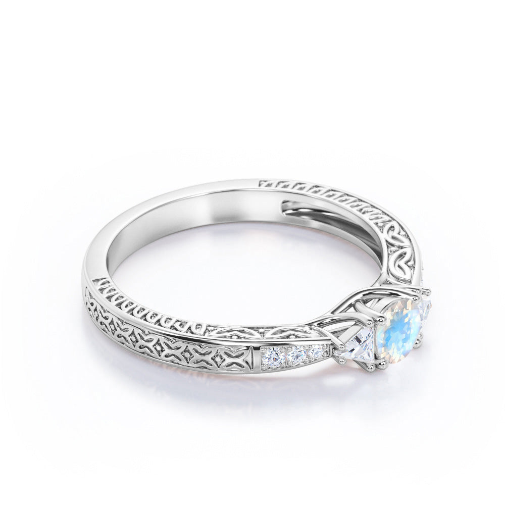 Vintage Filigree 1.15 carat Round cut Moonstone and diamond trillion cut engagement ring for women in Rose gold