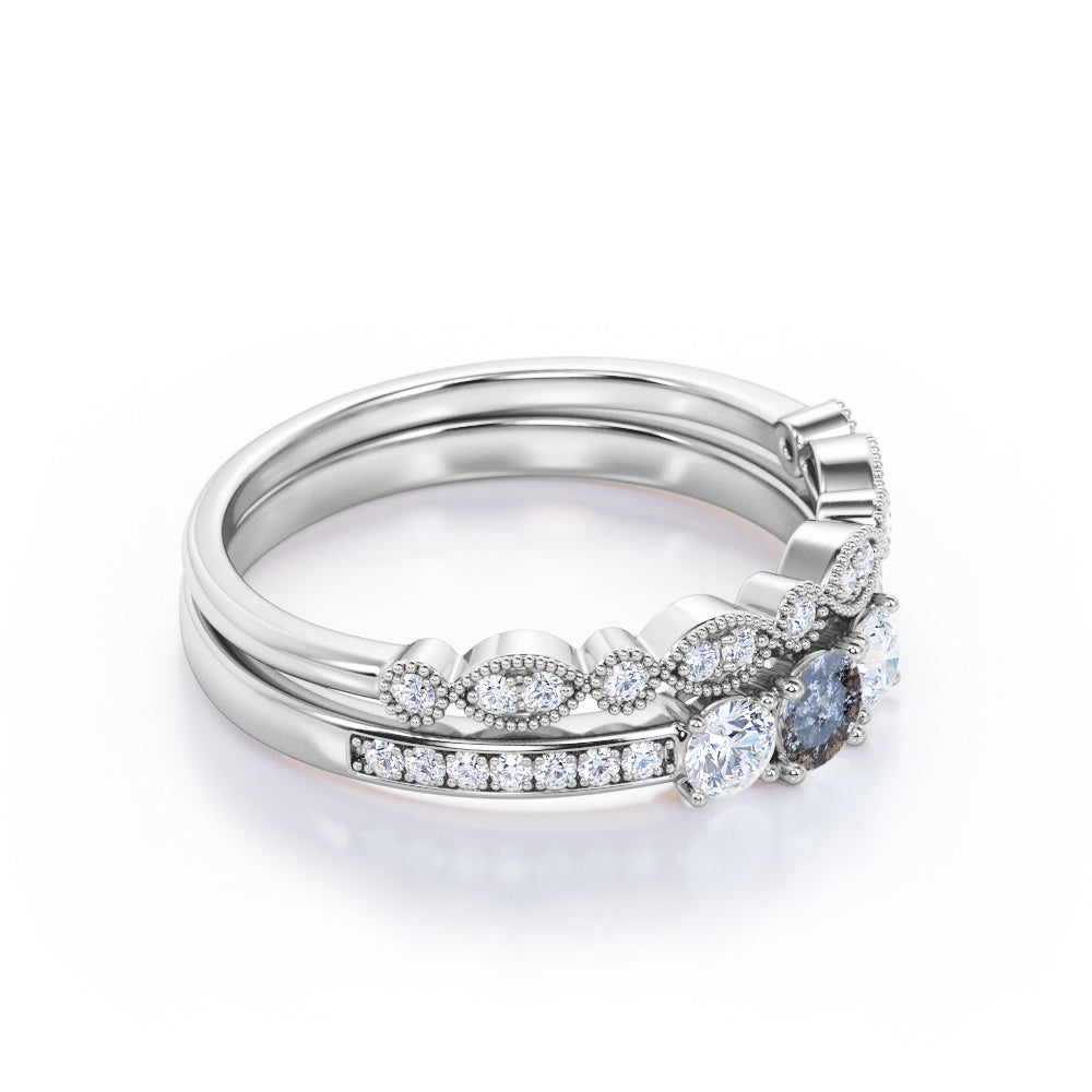 Channel trinity 0.8 carat Round cut Salt and pepper diamond and white diamond bridal wedding ring set in Yellow gold
